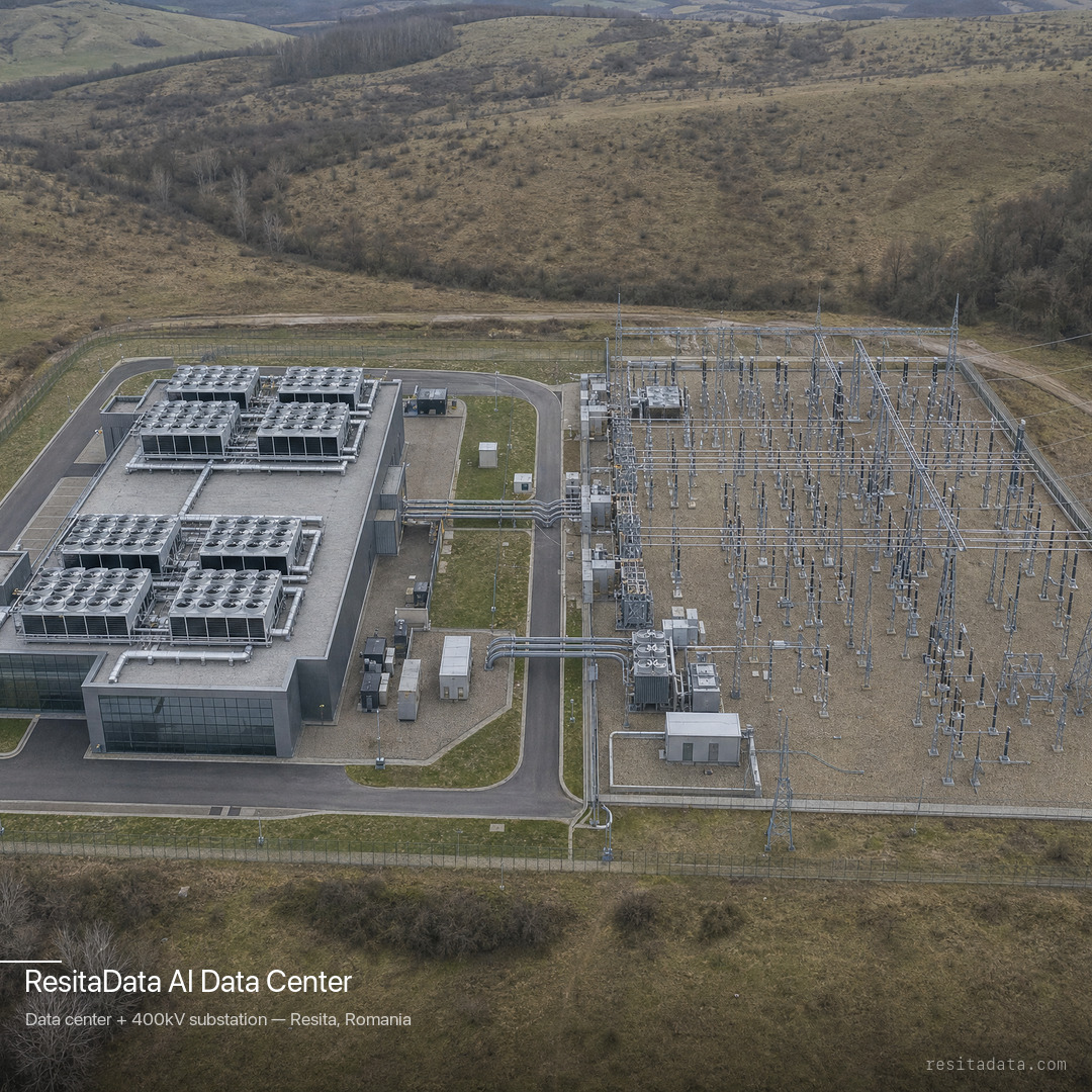 ResitaData campus — aerial render, data centre + 400kV substation, Carpathian backdrop
